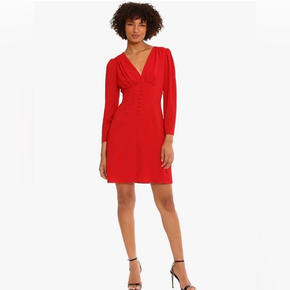 NWT Donna Morgan Red V-Neck Long Sleeve Mini Dress Button Detail | Women Size 10 - Picture 1 of 7